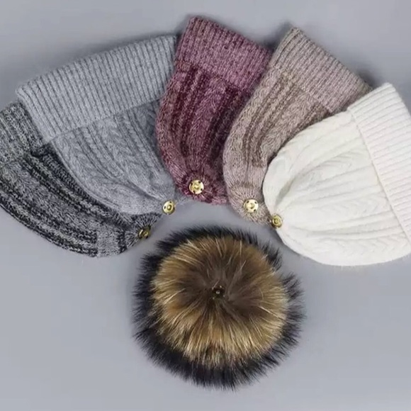 Black Angora Fur Pompom Cable Knit Beanie - Picture 3 of 5